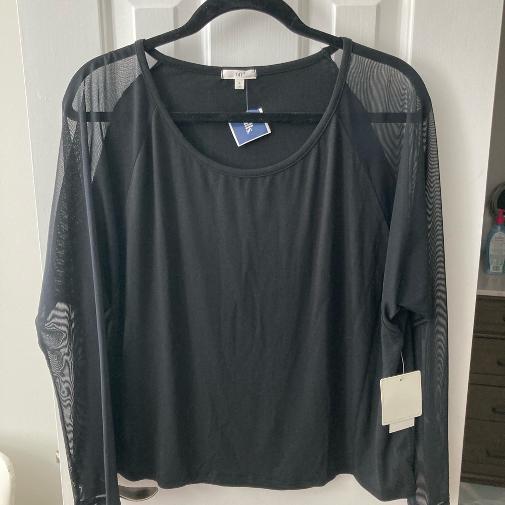 T4T women’s Sz L black top soft 3/4 fine mesh sleeve NWT